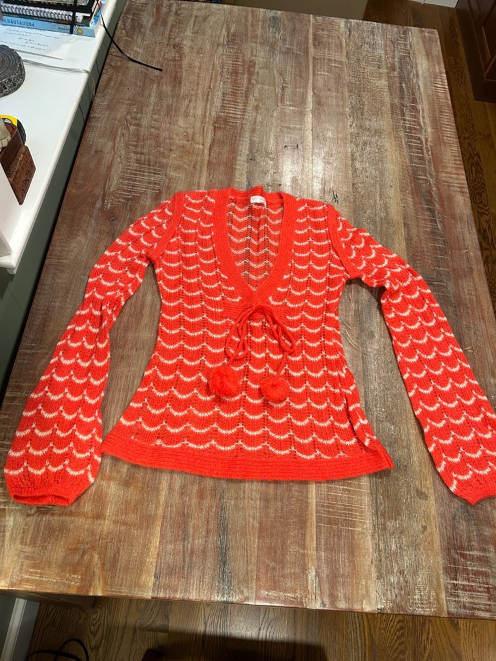 American Retro VTG Orange and Cream V-Neck Knit Sweater with Pom Ties